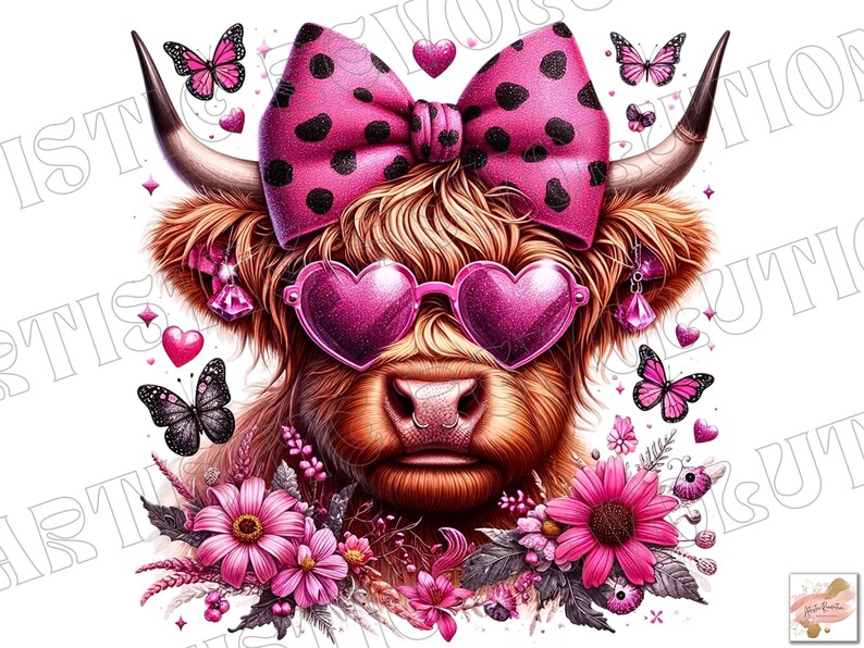 May include: A Highland cow with pink polka dot bow, pink heart-shaped sunglasses, and a floral crown. The cow is brown and white with a fluffy mane.