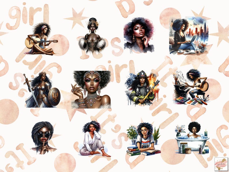 May include: A collection of watercolor illustrations featuring Black women in various settings. The images include a woman playing guitar, a woman with a laptop, a firefighter, and a woman in a bathtub. The background has a repeating pattern of the word "girl" and stars.