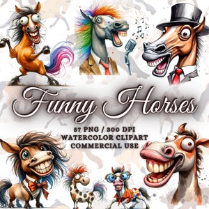 Bundle de 57 drôles de clipart chevaux aquarelle, clipart cheval mignon drôle, ferme cheval Clipart Png, sublimation de cheval Png, cheval drôle Bundle Png