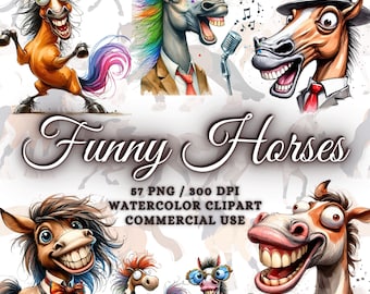 57 Funny Watercolor Horses Clipart Bundle, Funny Cute Horse Clipart, Farm Horse Clipart Png, Horse Png Sublimation, Funny Horse Bundle Png