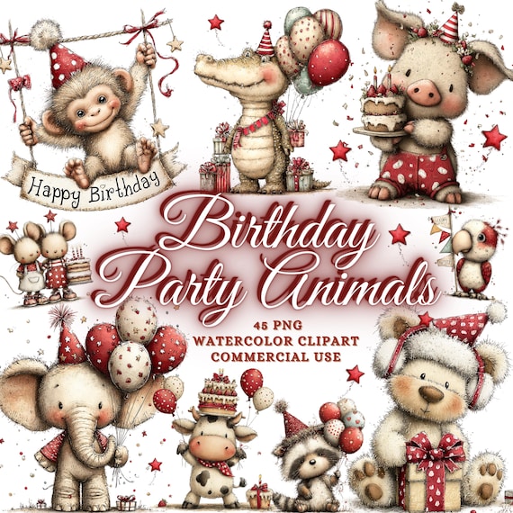 45 Whimsical Birthday Clipart Bundle Funny Quirky Birthday Party Animals Png Bundle Watercolor Birthday Animals Clipart, Party Clipart Set