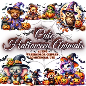 May include: A set of 51 Halloween-themed watercolor clipart images featuring cute animals dressed in costumes. The animals include a cow, owl, frog, unicorn, elephant, cat, and panda. The images are perfect for creating Halloween crafts, cards, and decorations.