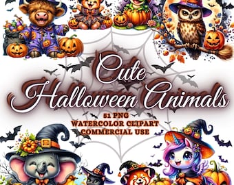 Watercolor Halloween Animals Clipart Bundle, Cute Halloween Clipart Cute Halloween Animals Halloween Animal PNG Bundle Halloween Graphics