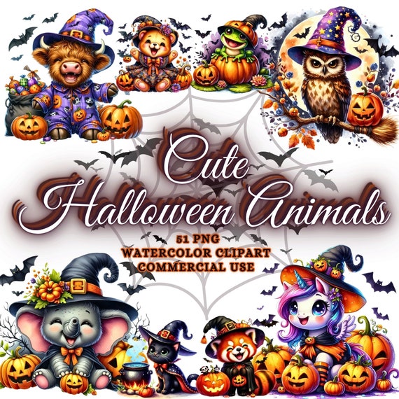 Watercolor Halloween Animals Clipart Bundle, Cute Halloween Clipart Cute Halloween Animals Halloween Animal PNG Bundle Halloween Graphics