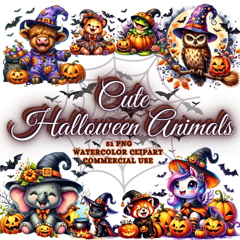 May include: A set of 51 Halloween-themed watercolor clipart images featuring cute animals dressed in costumes. The animals include a cow, owl, frog, unicorn, elephant, cat, and panda. The images are perfect for creating Halloween crafts, cards, and decorations.