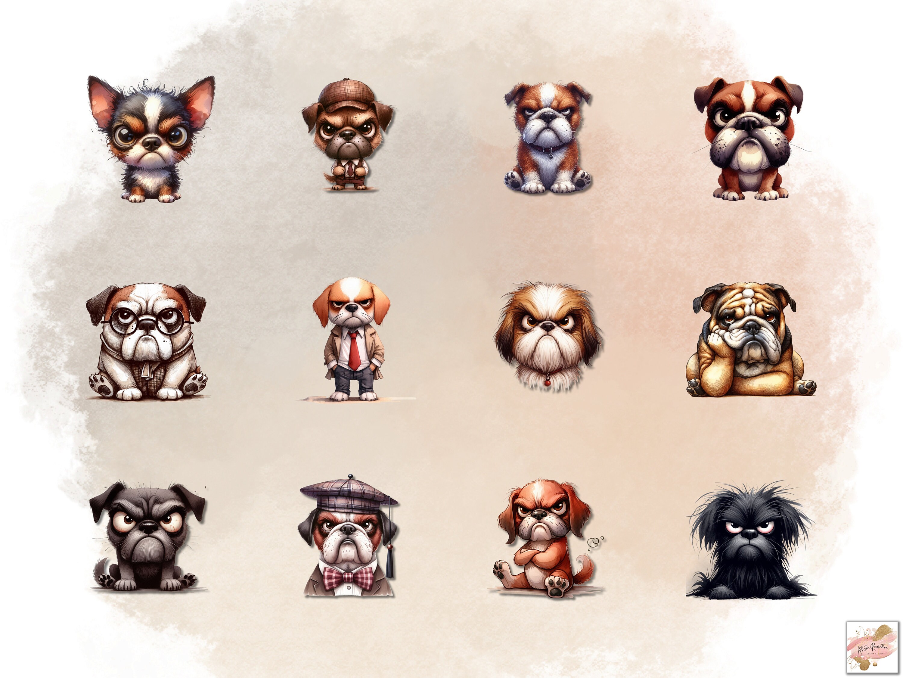 Funny Grumpy Dogs Clipart Bundle, Cute Funny Dog Png Bundle, Watercolor ...