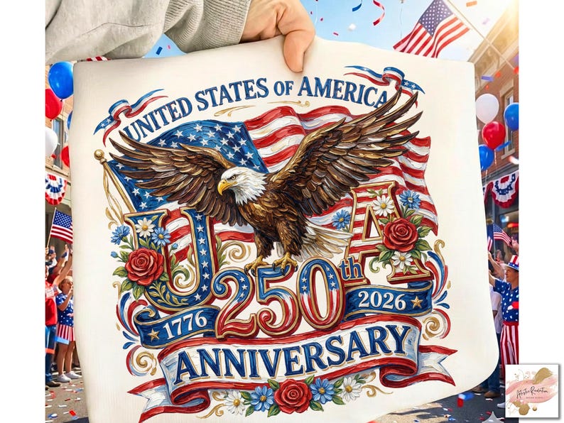 以下が含まれることがあります： アメリカ国旗を背景に、翼を広げた雄大なハクトウワシを描いた愛国的なデザイン。「UNITED STATES OF AMERICA 250th ANNIVERSARY 1776-2026」の文字が赤、白、青で記されています。