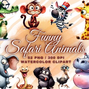 May include: A set of 52 watercolour clipart images of funny safari animals. The animals are illustrated in a cartoon style with bright colours and expressive features. The set includes a giraffe, zebra, monkey, crocodile, hippopotamus, ostrich, snake, turtle, and gorilla.