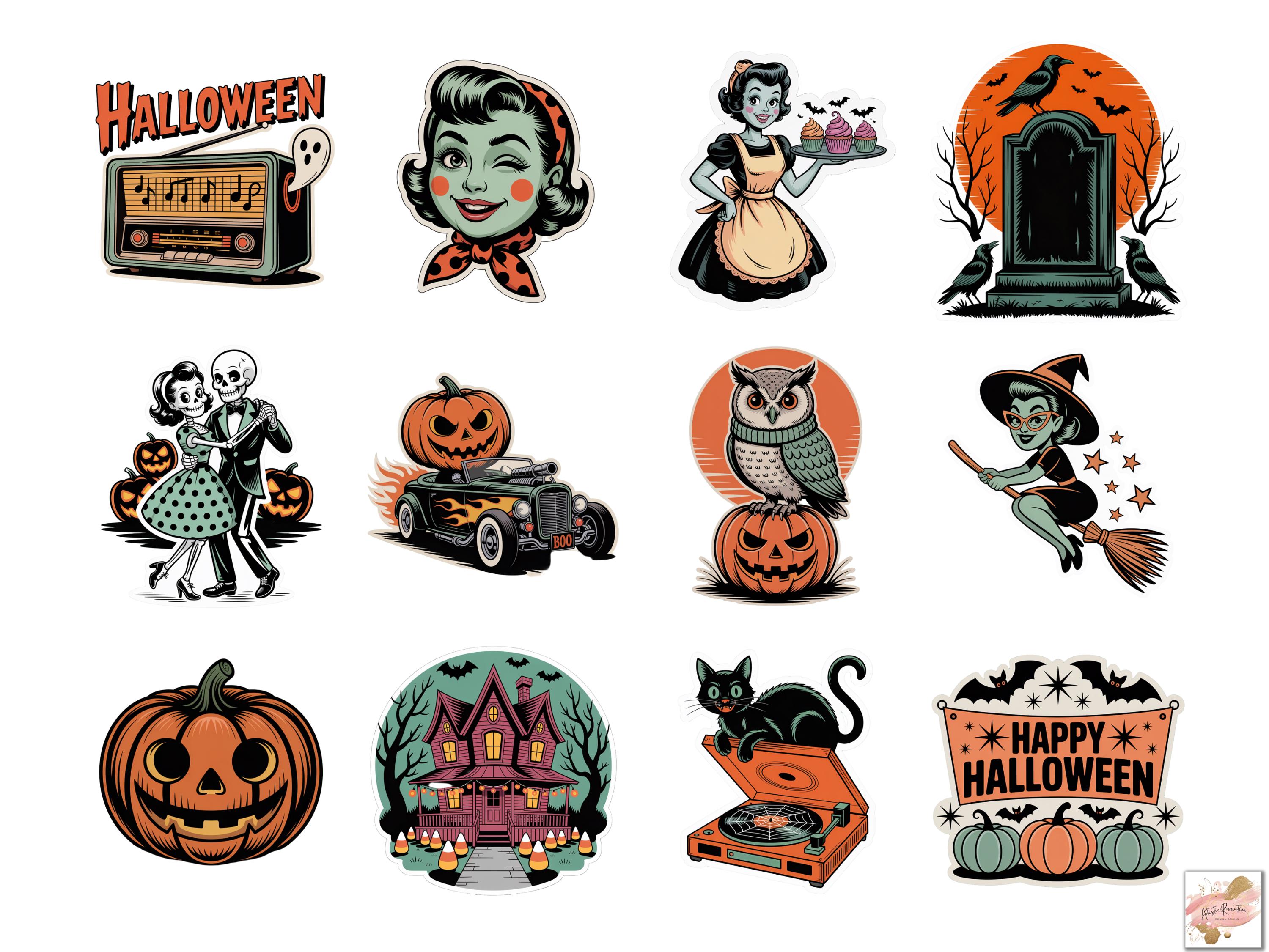 65 Vintage Halloween Stickers Clipart Bundle, Cute Halloween PNG Bundle ...