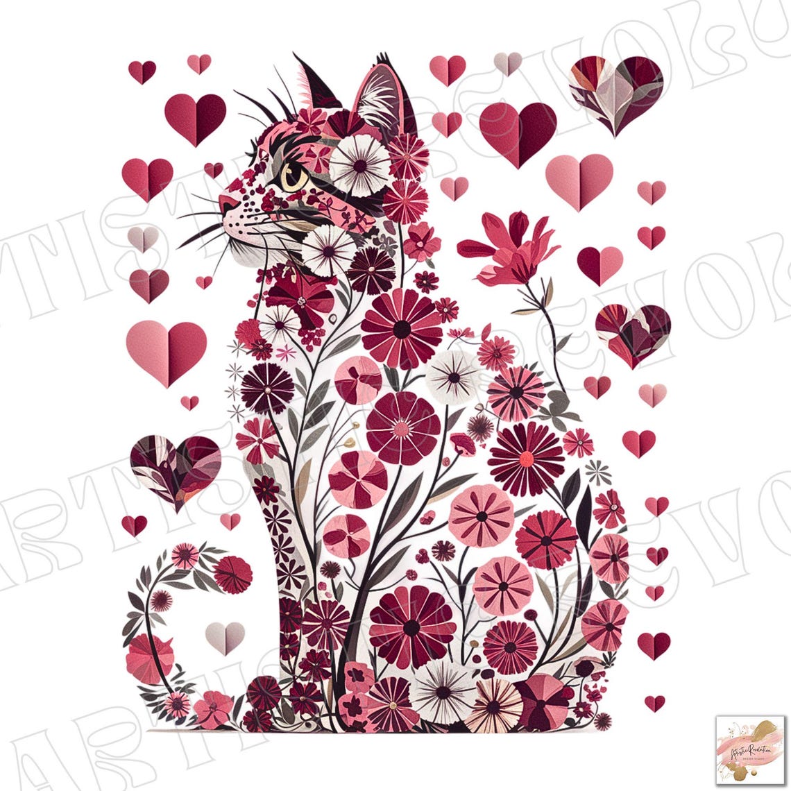 Watercolor Floral Valentine Cat Png Valentine PNG Heart Love Cat ...