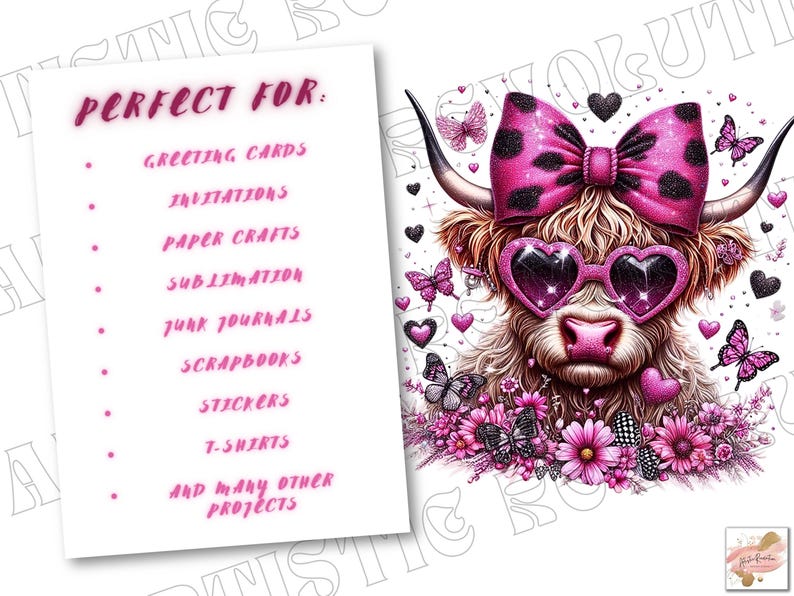 May include: A digital illustration of a Highland cow with pink glitter hearts, a pink bow, and pink heart-shaped sunglasses. The cow is surrounded by pink flowers and butterflies. The text "PERFECT FOR:" is listed with a variety of uses for the image, including greeting cards, invitations, paper crafts, sublimation, junk journals, scrapbooks, stickers, t-shirts, and many other projects.