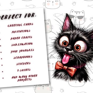 K&ouml;nnte beinhalten: Eine digitale Illustration einer schwarzen Katze mit einer roten Schleife und herausgestreckter Zunge. Die Katze hat gro&szlig;e, runde Augen und einen schelmischen Ausdruck. Der Text "PERFECT FOR:" ist mit einer Vielzahl von Verwendungsm&ouml;glichkeiten f&uuml;r das Bild aufgelistet, darunter Gru&szlig;karten, Einladungen, Papierarbeiten, Sublimation, Junk Journals, Scrapbooks, Aufkleber, T-Shirts und viele andere Projekte.