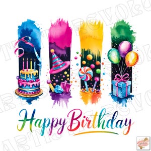 Feliz Aniversário Pincelada Png, Design de Sublimação, Sublimação de Aniversário, Png Colorido, Design de Camiseta de Feliz Aniversário, Download Digital DTF