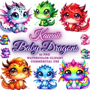 Aquarell Baby Drachen Clipart Bundle, niedlichen Baby Drachen Png, Kawaii Drachen Clipart, Fantasy Drachen Clipart, Kawaii Drachen Png Kawaii Png