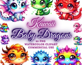 Watercolor Baby Dragons Clipart Bundle, Cute Baby Dragon Png, Kawaii Dragons Clipart, Fantasy Dragons Clipart, Kawaii Dragon Png Kawaii Png
