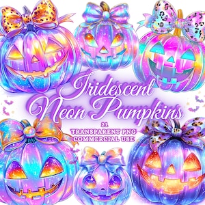 May include: A collection of six iridescent neon pumpkins with carved jack-o'-lantern faces and decorative bows. The pumpkins feature a vibrant color palette of purple, blue, pink, and yellow. The image includes the text "Iridescent Neon Pumpkins" and "21 Transparent PNG Commercial Use".