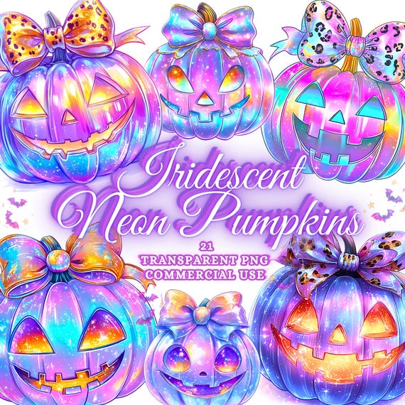 Neon Iridescent Pumpkin PNG Bundle, Coquette Halloween Pumpkin Clipart, Pumpkin Sublimation Designs, Cute Girly Spooky Pumpkin Shirt Design