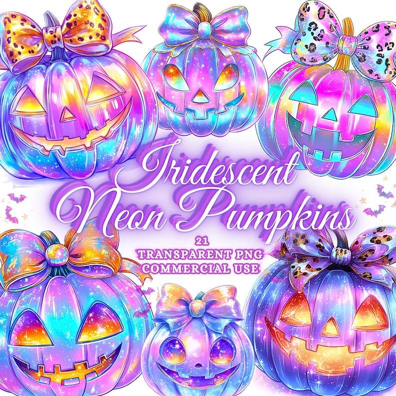 May include: A collection of six iridescent neon pumpkins with carved jack-o'-lantern faces and decorative bows. The pumpkins feature a vibrant color palette of purple, blue, pink, and yellow. The image includes the text "Iridescent Neon Pumpkins" and "21 Transparent PNG Commercial Use".