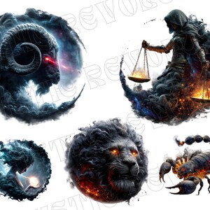 May include: Digital art featuring five zodiac signs: Aries, Libra, Leo, Scorpio, and a figure with a glowing orb. Each sign is depicted with dark, smoky textures and fiery accents, creating a dramatic and mystical aesthetic.