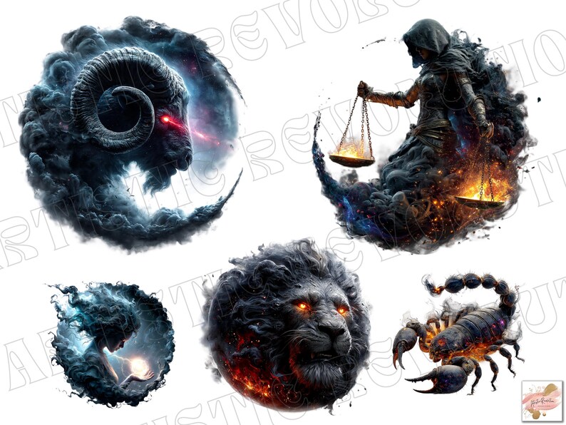 May include: Digital art featuring five zodiac signs: Aries, Libra, Leo, Scorpio, and a figure with a glowing orb. Each sign is depicted with dark, smoky textures and fiery accents, creating a dramatic and mystical aesthetic.