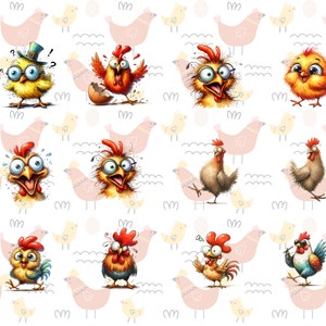 May include: A repeating pattern featuring cartoon chickens in various poses and expressions. The chickens are yellow, orange, and red, with some wearing glasses or hats. The background includes pink and yellow chicken silhouettes and wavy lines.