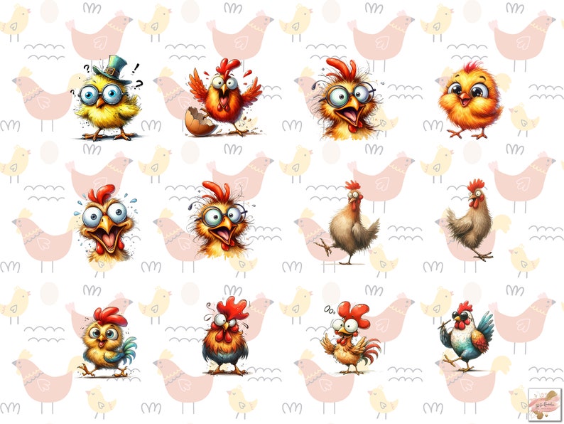 May include: A repeating pattern featuring cartoon chickens in various poses and expressions. The chickens are yellow, orange, and red, with some wearing glasses or hats. The background includes pink and yellow chicken silhouettes and wavy lines.