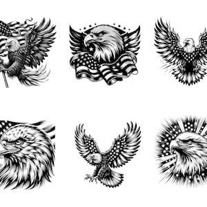 May include: A collection of six black and white illustrations of bald eagles. The eagles are depicted in various poses, some holding or near the American flag, with detailed feathering and a strong, patriotic theme.