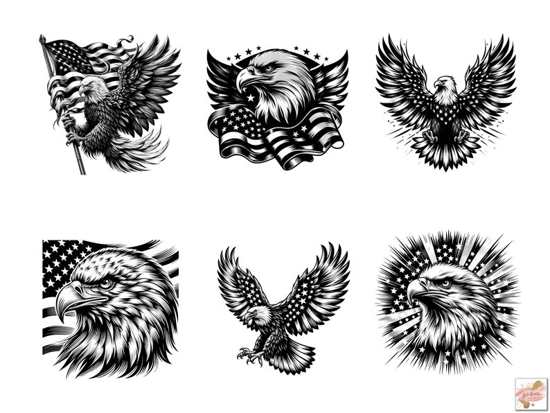 May include: A collection of six black and white illustrations of bald eagles. The eagles are depicted in various poses, some holding or near the American flag, with detailed feathering and a strong, patriotic theme.