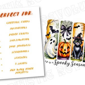 May include: A digital art print featuring Halloween-themed illustrations. The artwork includes a ghost, pumpkin, black cat, and tombstone. The words "Spooky Season" are written in a decorative font. A list of project ideas is also included.