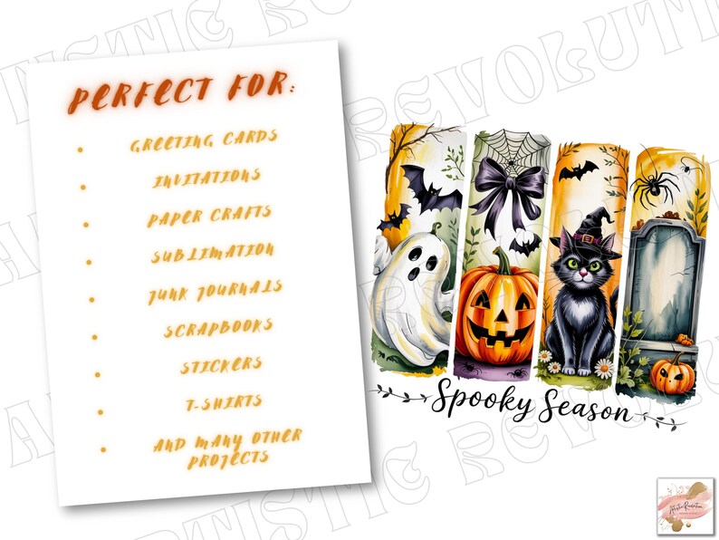 May include: A digital art print featuring Halloween-themed illustrations. The artwork includes a ghost, pumpkin, black cat, and tombstone. The words "Spooky Season" are written in a decorative font. A list of project ideas is also included.