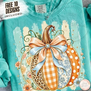 Patchwork Fall Pumpkin PNG, Coquette Bow Pumpkin Sublimation, Striped Floral Blue Bow Pumpkin Shirt Design, Coquette Fall Pumpkin Png