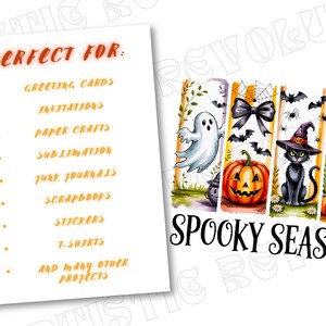 May include: A digital design featuring Halloween-themed illustrations. The design includes a ghost, pumpkin, bats, a black cat in a witch hat, and a tombstone. The words "Spooky Season" are displayed in a decorative font. The design is suitable for various craft projects.