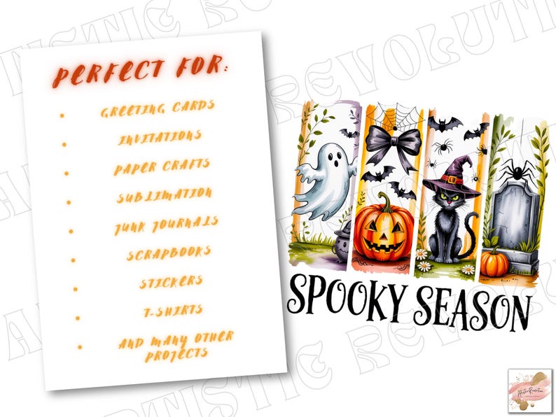 May include: A digital design featuring Halloween-themed illustrations. The design includes a ghost, pumpkin, bats, a black cat in a witch hat, and a tombstone. The words "Spooky Season" are displayed in a decorative font. The design is suitable for various craft projects.