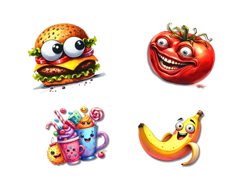 40 roliga mat clipart-paket, akvarell mat clipart, söt mat png, drycker png, drycker clipart, söt kawaii clipart-paket, mat svg png bild 6