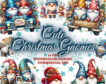 May include: A set of 14 digital clipart images featuring cute Christmas gnomes in watercolor style. The gnomes are depicted in various poses, including driving trucks, holding signs, and wearing festive hats. The images are perfect for creating holiday crafts, cards, and other projects.