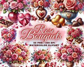 55 Valentine Rose Bouquets Clipart Bundle, Rose PNG Bundle, Floral Rose Clipart PNG, Watercolor Floral Bouquets PNG, Roses Clipart Bundle