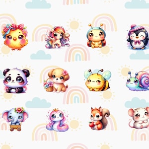 Op de afbeelding: Een set van 12 schattige cartoon-dierillustraties met regenboogaccenten. De dieren omvatten een kuiken, eenhoorn, lieveheersbeestje, pingu&iuml;n, panda, puppy, bij, slak, olifant, zeemeermin, eekhoorn en muis.