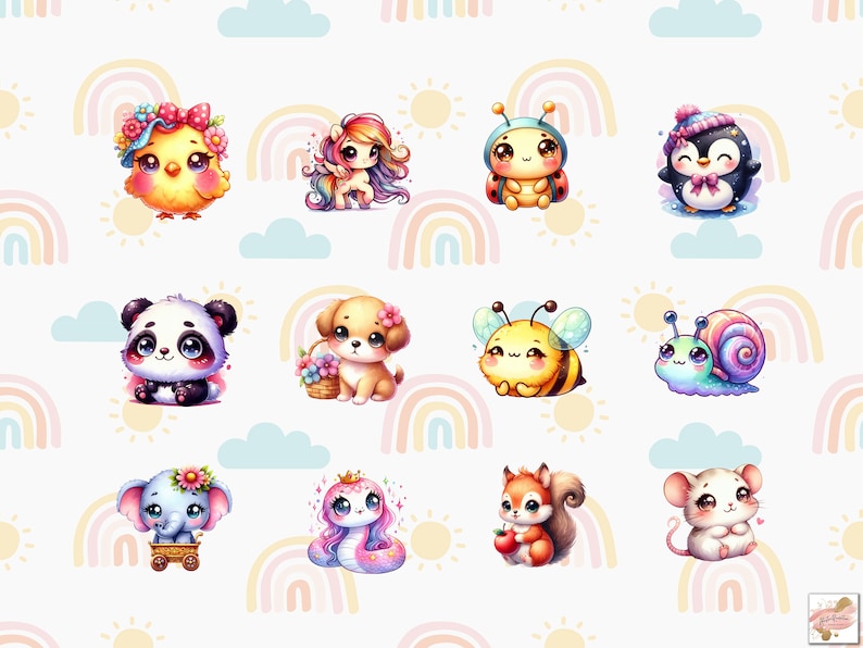 Op de afbeelding: Een set van 12 schattige cartoon-dierillustraties met regenboogaccenten. De dieren omvatten een kuiken, eenhoorn, lieveheersbeestje, pingu&iuml;n, panda, puppy, bij, slak, olifant, zeemeermin, eekhoorn en muis.