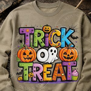 May include: A tan crewneck sweatshirt featuring a colorful graphic with the text Trick or Treat. The design includes orange jack-o'-lanterns, a white ghost, a pink cupcake, spiders, spiderwebs, and bats in purple, green, blue, and yellow tones.