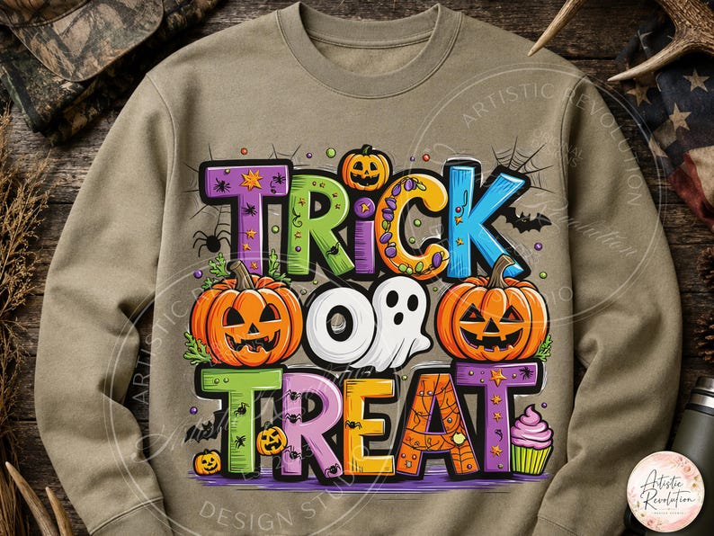 May include: A tan crewneck sweatshirt featuring a colorful graphic with the text Trick or Treat. The design includes orange jack-o'-lanterns, a white ghost, a pink cupcake, spiders, spiderwebs, and bats in purple, green, blue, and yellow tones.