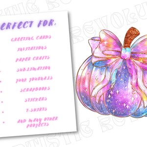 May include: A digital illustration of a pumpkin with a galaxy design in shades of purple, blue, and pink, adorned with a large bow. The pumpkin has a glittery stem. A list of project ideas is on a white background.