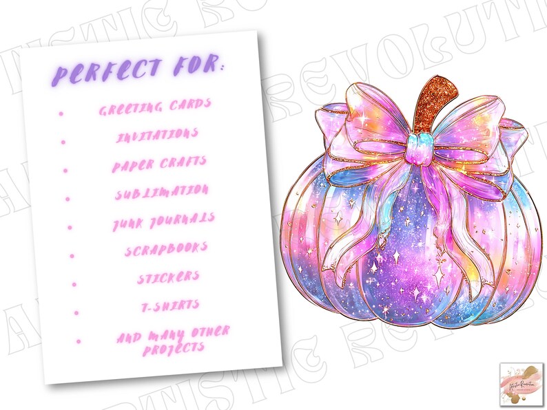 May include: A digital illustration of a pumpkin with a galaxy design in shades of purple, blue, and pink, adorned with a large bow. The pumpkin has a glittery stem. A list of project ideas is on a white background.