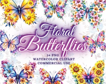Puede incluir: Clipart de acuarela con mariposas coloridas adornadas con diseños florales. La imagen incluye el texto "Floral Butterflies" y detalles sobre el clipart, incluyendo "34 PNG" y "Commercial Use."