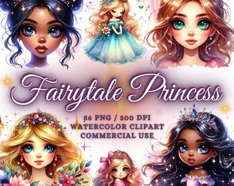 56 Aquarell Märchen Prinzessin Clipart Bundle, Aquarell Clipart Prinzessin Png Bundle, magische Prinzessin, kleine Prinzessin, süße Prinzessin
