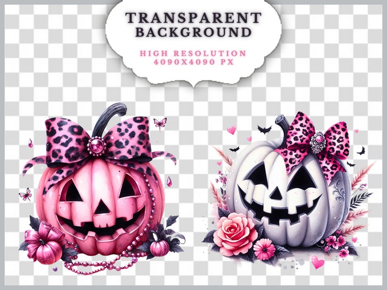 May include: Two Halloween jack-o'-lantern pumpkins with pink and black leopard print bows. One pumpkin is pink and the other is white. Both pumpkins have a spooky face carved into them.