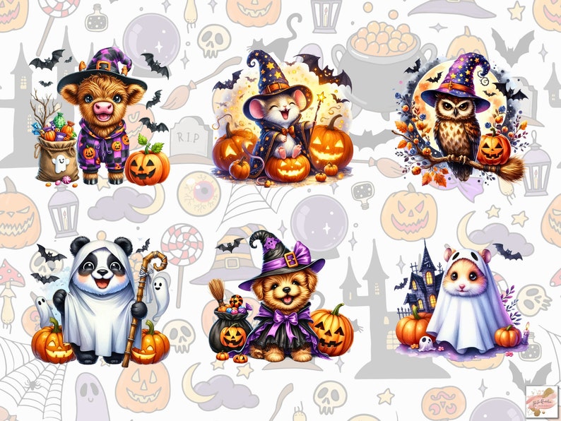 May include: Five Halloween-themed illustrations featuring various animals dressed in costumes. A cow wearing a witch's hat and purple dress, a mouse wearing a witch's hat and purple robe, an owl wearing a witch's hat and brown feathers, a panda wearing a white ghost costume, and a hamster wearing a white ghost costume.