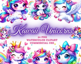 May include: A set of 24 digital clipart images featuring cute, cartoon unicorns with rainbow manes and tails. The unicorns are in various poses, some with wings, flowers, and crowns. The text "Kawaii Unicorns" and "24 PNG Watercolor Clipart Commercial Use" is included in the image.