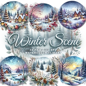 Ronde aquarel winter tafereel clipart bundel, 32 winter tafereel PNG, winter bos clipart, winter achtergrond clipart, winter bos PNG