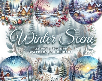 Round Watercolor Winter Scene Clipart Bundle, 32 Winter Scene PNG, Winter Woodland Clipart, Winter Background Clipart, Winter Woodland PNG