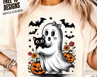 Fantasma e gatto di Halloween retrò PNG, Fantasma spettrale PNG, Halloween floreale preppy PNG, Halloween Boo PNG, Halloween divertente, Gatto nero PNG zucca